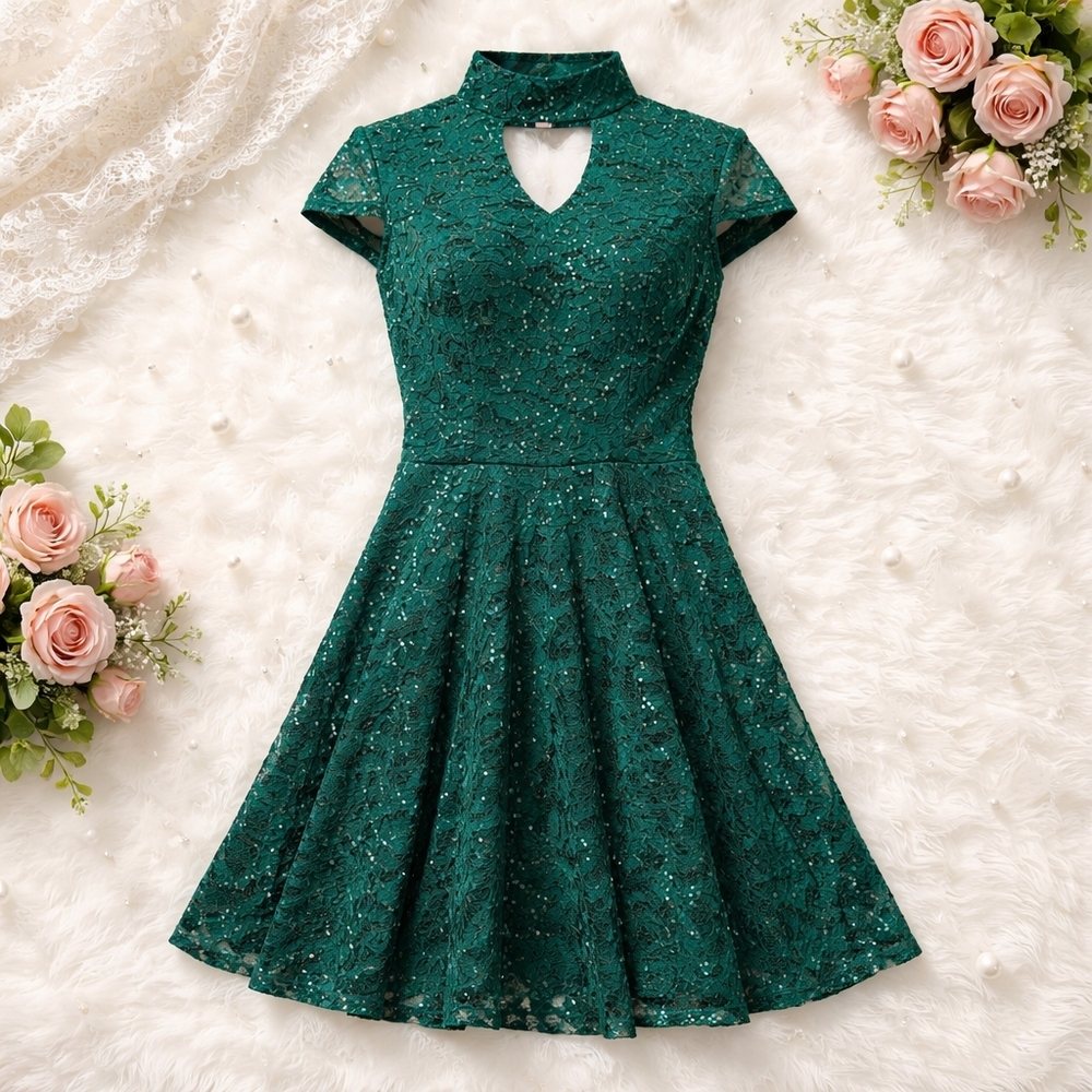 Vintage Inspired Emerald Green Lace Dress – Sequin Detail, Fit & Flare, Size S